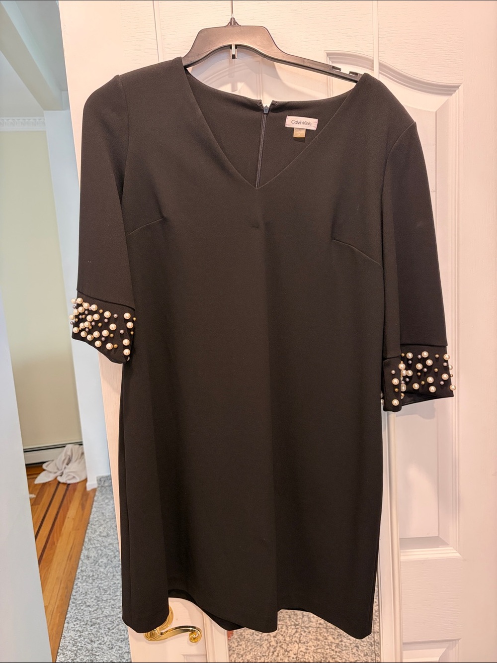 Calvin Klein Black Midi Shift Dress with Pearl-Embellished Cuffs
